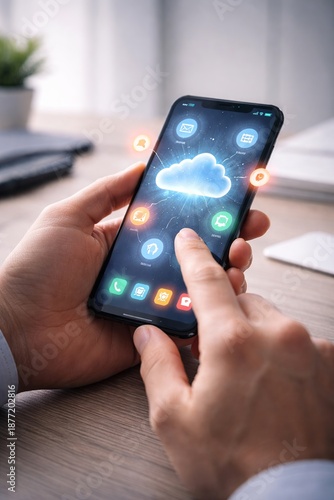 Wallpaper Mural Man holding smartphone with cloud computing apps on screen Torontodigital.ca