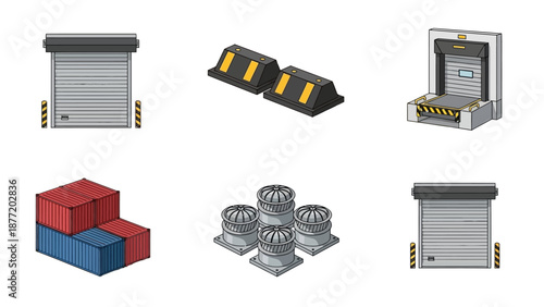 Warehouse equipment and loading dock components displayed from various viewpoints