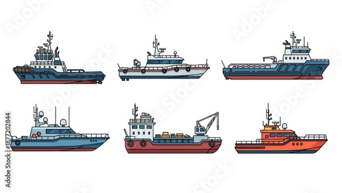 Various boats and ships illustrated in a collection of maritime vessels