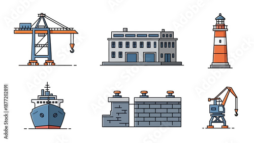 Harbor scene with cranes, buildings, lighthouse, ship, and construction elements