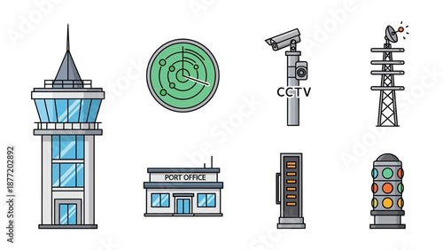 Surveillance icons collection featuring CCTV camera, watchtower, and traffic light