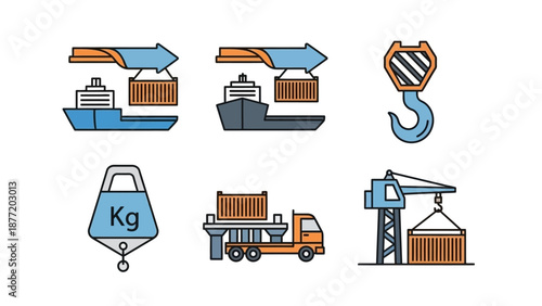 Cargo ships and trucks transporting containers with cranes and weighing scales in a logistical operation