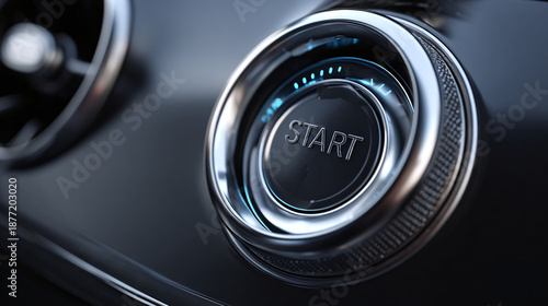 A close-up view of a car's engine start button, indicating readiness for a journey. The button is illuminated with a soft glow, suggesting advanced technology