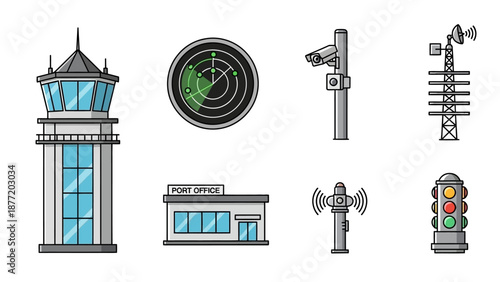 Airport control tower and navigation equipment illustration set from aerial viewpoint