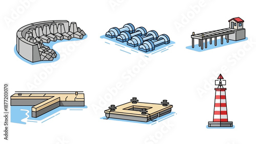 Collection of illustrations depicting various coastal structures and landmarks from an aerial viewpoint