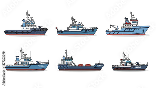 Diverse Maritime Vessels Displayed in a Collage on a Neutral Background from Various Angles