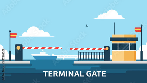 Container ship passing through a terminal gate with barriers and control tower at the dock