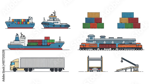 Cargo ships, trucks, and trains transporting containers, showcasing global logistics and transportation networks from a side view