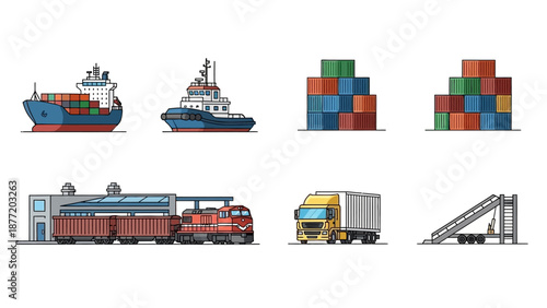 Various transportation modes and cargo handling equipment illustrated in a collection of vector graphics
