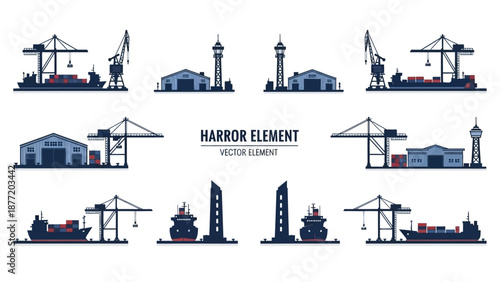 Harbor elements illustration featuring cranes, ships, and buildings from a vector illustration viewpoint