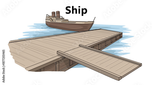 A wooden dock with a ramp extends into the water, connecting to a vintage ship anchored nearby, viewed from an elevated perspective