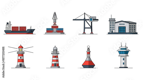 Vector illustrations of maritime structures including lighthouses, cranes, and ships in a coastal environment from various viewpoints