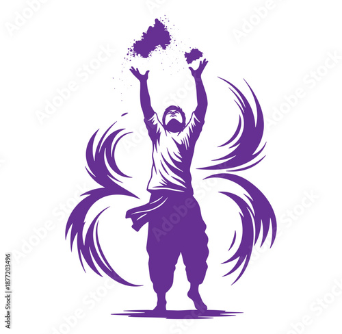 Man throwing colored powder into the air in celebration of Holi festival