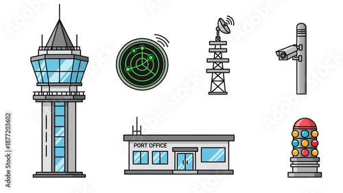 Airport Control Tower and Facilities Illustration Showing Radar and Communication Equipment