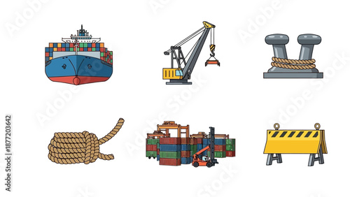 Cargo ship and logistics icons set illustration from harbor viewpoint
