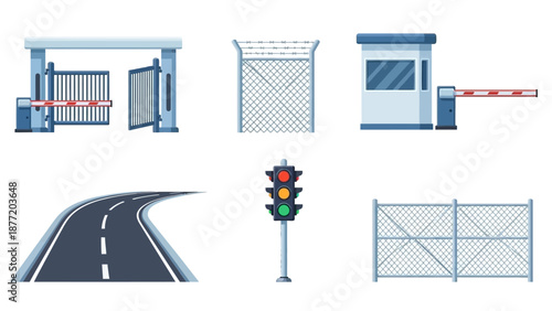 Collection of road safety elements including gates, barriers, traffic lights, and fences from a top-down perspective.