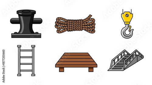 Collection of industrial elements including anchor, rope, and crane hook displayed on a simple background