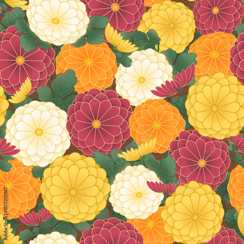 シームレス画像　菊　和柄　秋