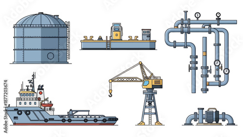 Industrial Icons Set Featuring Tanker, Crane, and Piping System in Vector Illustration Style