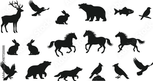 Animal silhouette collection featuring deer, birds, rabbits, bears, horses, wolf, and fish in varied natural poses