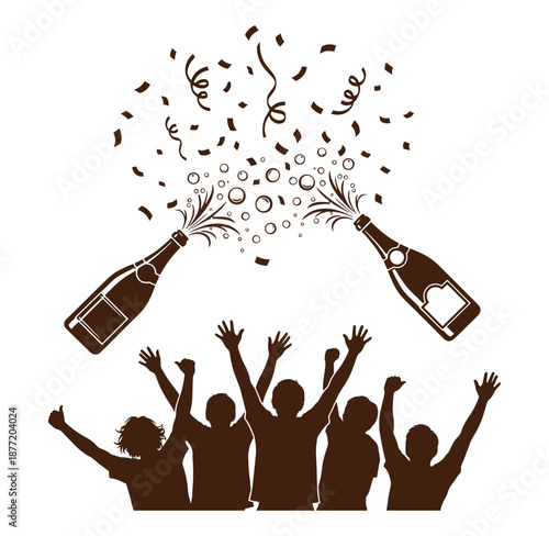 people celebrating with champagne bottles and confetti in the air happily