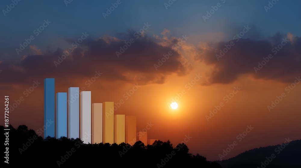 Fototapeta premium Colorful bar graph descending against a vibrant sunset illustrating a declining trend or economic shift