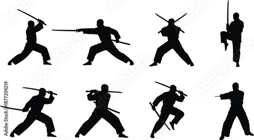 Martial arts sword silhouettes in striking poses, katana combat stances, traditional Japanese warrior discipline, dynamic action illustration