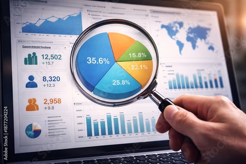 Close-up of hand analyzing pie chart on laptop screen with magnifying glass