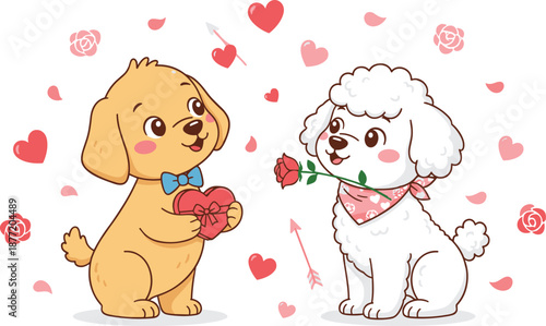 Valentine's Day cartoon dogs, heart gift and rose bouquet, romantic love scene, cute festive illustration, pink background design