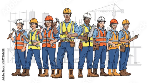 A diverse group of construction workers, both men and women, wearing safety gear and holding tools, standing in front of a building site.