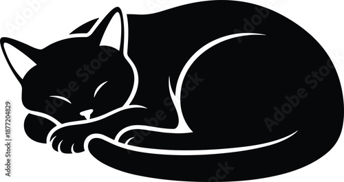 Sleeping black cat silhouette vector illustration curled up in a peaceful resting position isolated on white background.