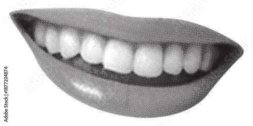 A classic halftone depiction of a wide smile revealing perfectly aligned teeth