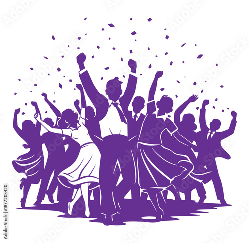 purple silhouette of a group of people celebrating with confetti