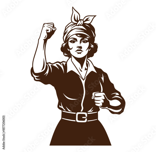 Rosie the Riveter style woman with raised fist and headscarf in brown monochrome