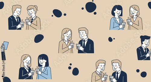 Cartoon style background illustration of business people chatting over coffee cups design