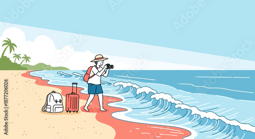 Cartoon tourist enjoying tropical vacation capturing seaside scenery with his camera on a warm