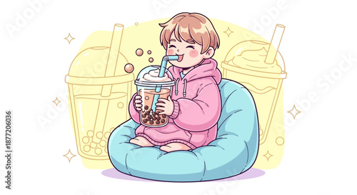 Charming cartoon depiction of a child enjoying a bubble tea drink on a comfortable beanbag chair