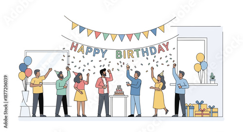 Cartoon vector of people celebrating birthday party with cake and confetti with happiness and joy