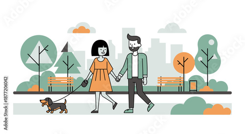 Charming cartoon couple walks dachshund in stylized city park illustration