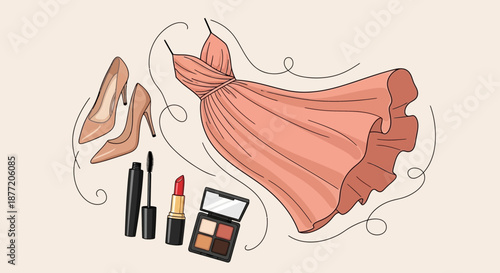 Charming cartoon illustration showcasing fashion and beauty essentials for a stylish woman