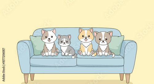 Charming Cartoon Puppies on a Cozy Couch: Whimsical Illustration for Joyful Decor purposes