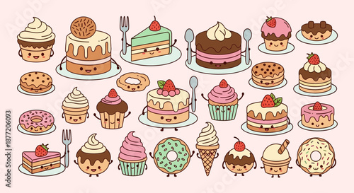 Charming cartoon sweets collection delightful dessert pastries and baked goods kawaii style