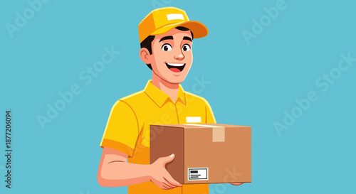 Cheerful cartoon delivery man in yellow uniform holding a package against a blue background