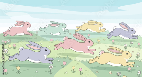 Colorful Easter bunnies running through a field of flowers illustration cartoon style graphic