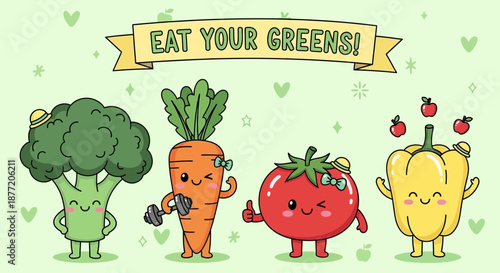 Cute cartoon vegetables urging healthy eating habits and promoting wellness message
