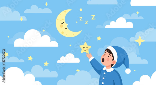 Cute cartoon illustration of a sleepy boy reaching for a star with moon and clouds background