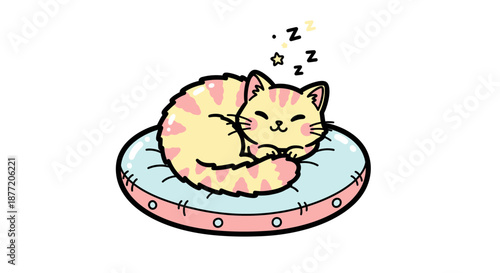 Cute cartoon cat curled up asleep on a soft blue cushion illustration isolated adorable pet