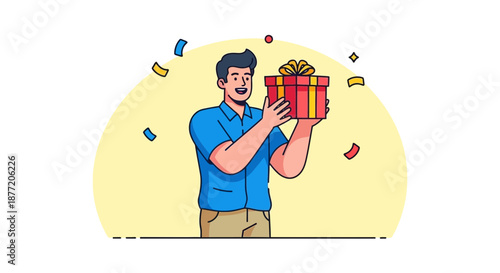 Excited man holding a gift box with confetti falling around him cartoon style illustration