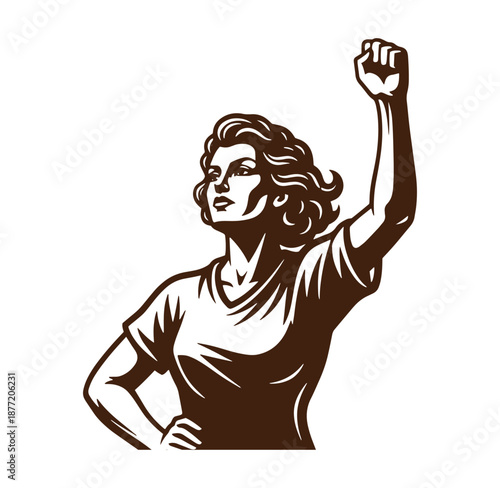 strong woman with raised fist and confident expression standing alone
