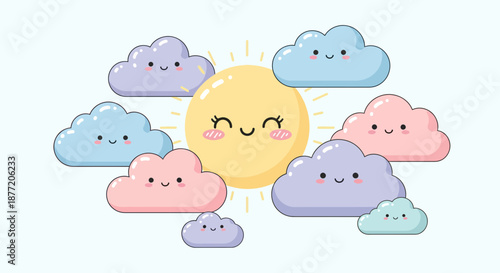 Cute and colorful cartoon illustration of a happy sun surrounded by smiling clouds